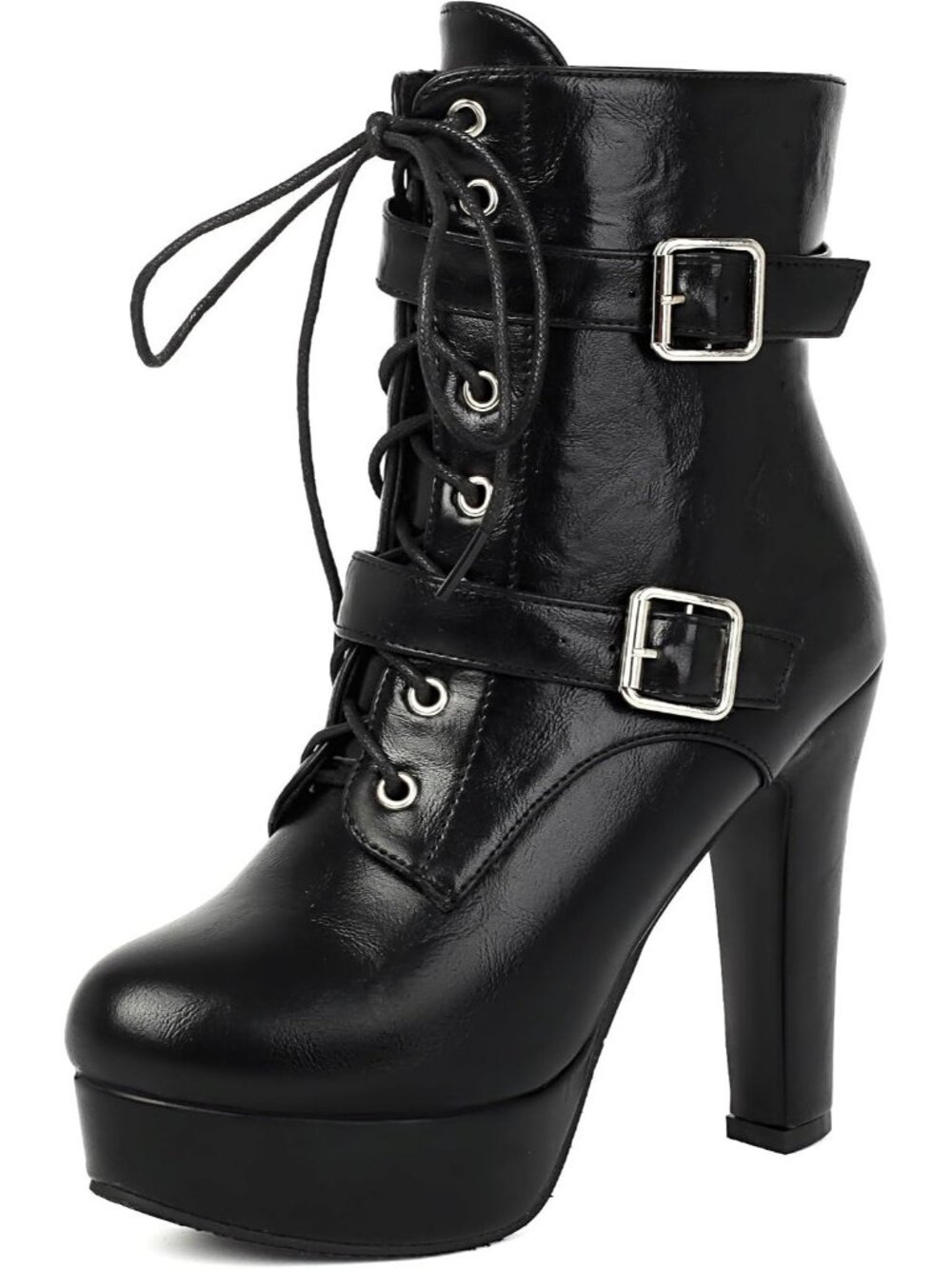 Women's Super High Black Buckle Rivets Punk Round Toe Zipper Ankle Boots